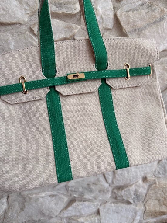Handbags - Boatkin Canvas Tote Bag with Green Trim